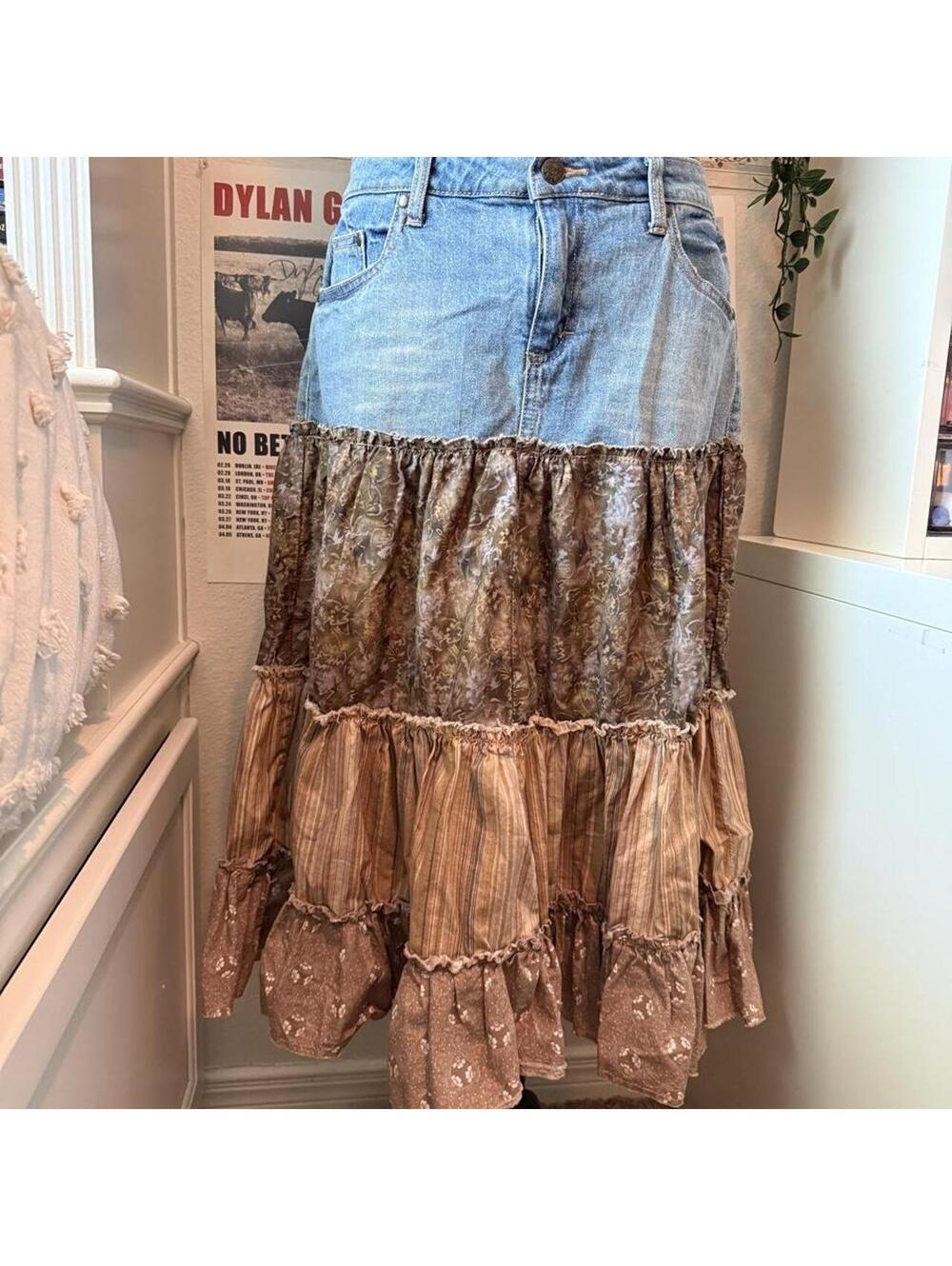 Vintage Y2K Mudd Patchwork Denim Tiered Midi Skirt